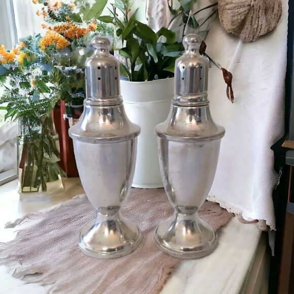 Web Pewter Salt Pepper Shaker Set Amber Glass Lined Weighted Vtg 80s Farmhouse. - Picture 15 of 16